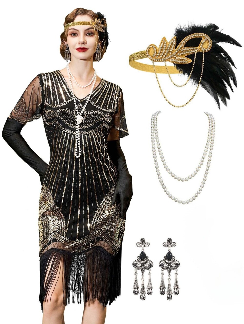1920s Black/Gold Gatsby Sequin Fringe Art Deco Flapper Dress Costume Theme, M